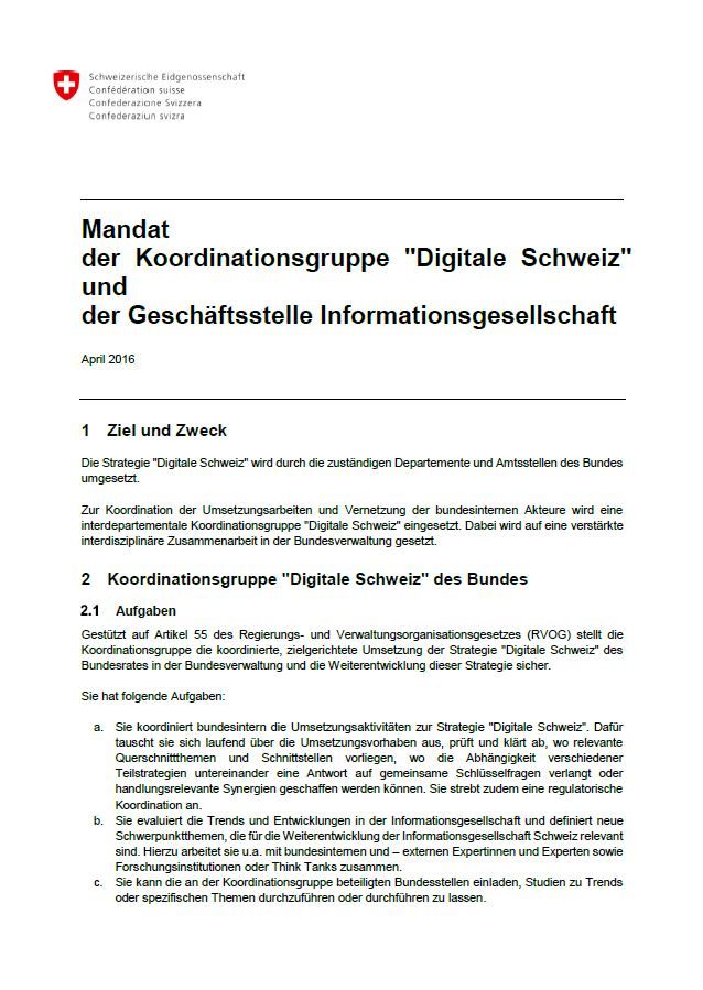 Mandat der Koordinationsgruppe "Digitale Schweiz"